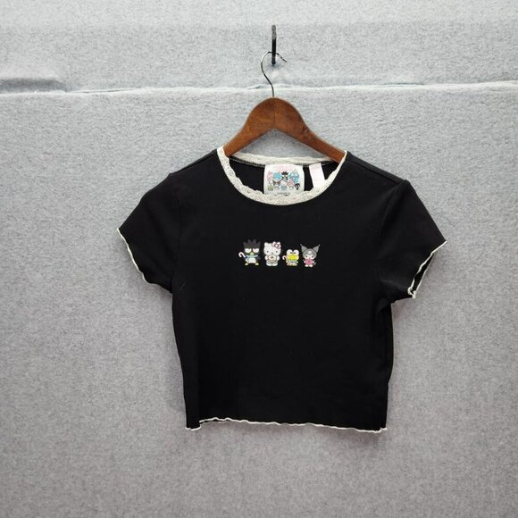 Hello Kitty & Friends Forever 21 Black Lace Trim Cropped T-Shirt Womens Size M - Picture 1 of 7